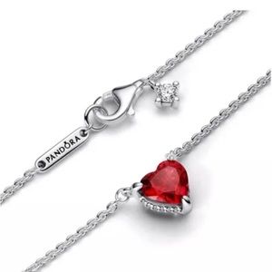 Authentic Pandora Red Crystal Heart Halo Pendant Necklace 18”